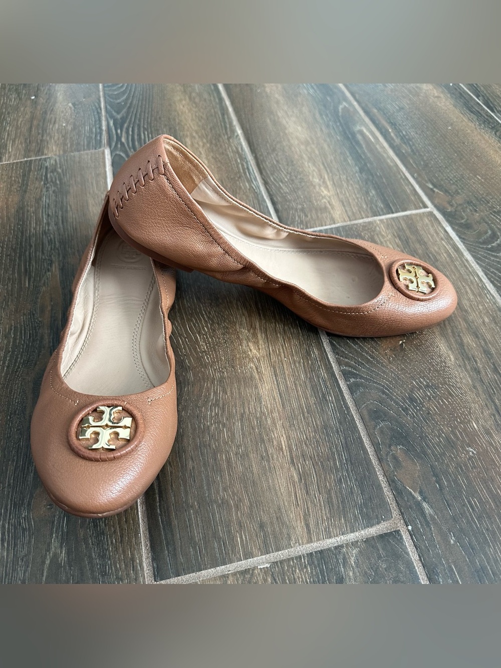 Tory Burch Allie Leather Ballet Flats Tan Gold Size 11 EUC